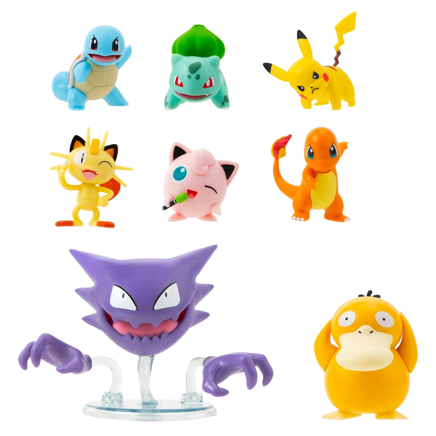 Pokemon 8 Pack - Six 2 inch and Two 3 inch Battle Ready Figures including Pikachu, Bulbasaur, Squirtle, Charmander, Jigglypuff, Meowth, Haunter and Psyduck