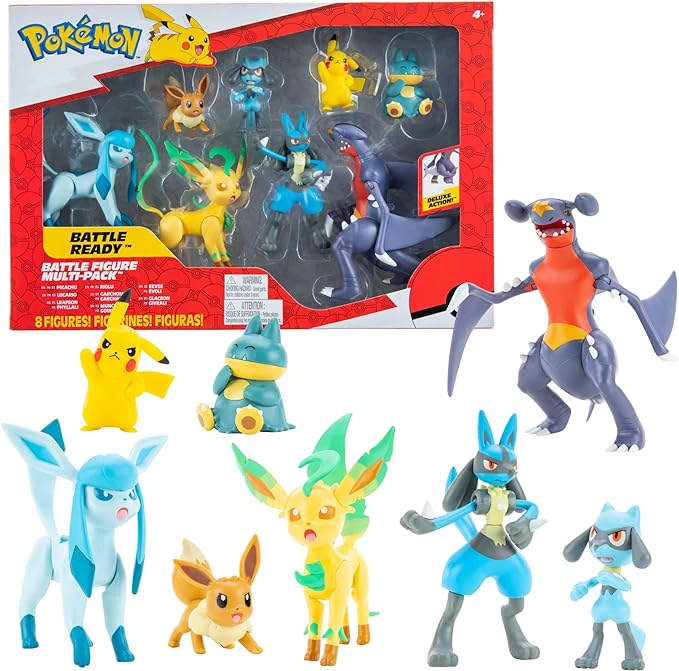 Pokemon Characters Set 8Pack 5-11cm - Pokemon Games New 2023 - Garchomp, Pikachu, Eevee, Lucario, Riolu, Munchlax, Glaceon & Leafeon -Figurine Pokemon Action Figure - Official Pokemon Toys